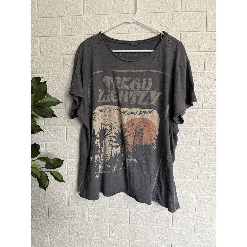 Magnolia Pearl Tread Lightly Graphic Distressed Tee One Size Grey Tan Red